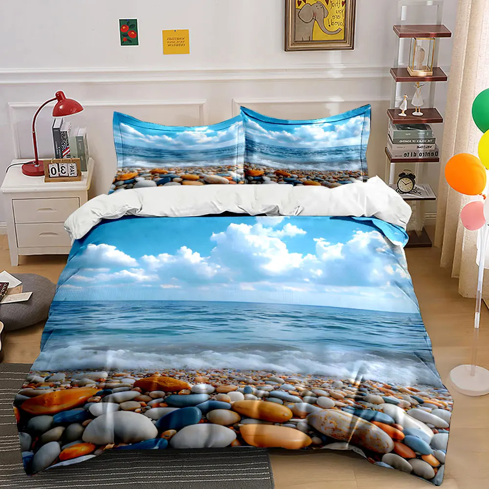 3Pcs - Soft, Breathable, Comfortable Beach-Inspired Bedding Set with Sand, Sea Water Print, Home Bed Decor, Gift for Kids Adults