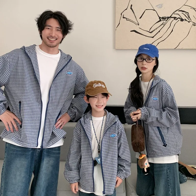 Family Matching Outfits Plaid Hooded Jacket Mother Father Son Daughter Loose Casual Coat Spring Autumn Parent Child Outerwear