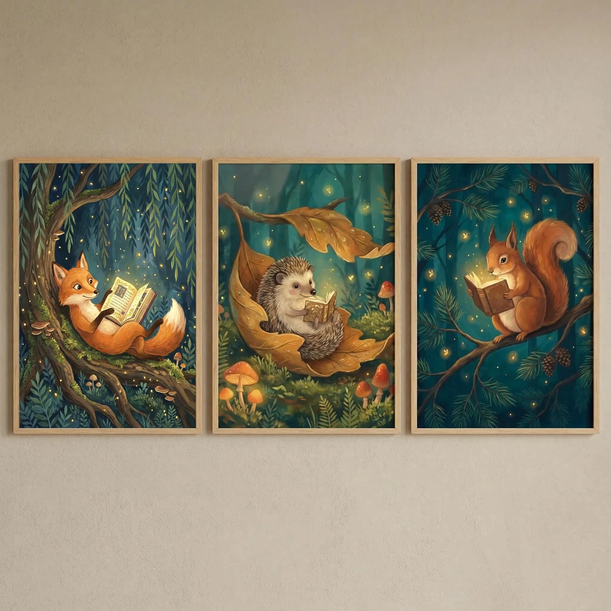 3Pcs Fairytale Woodland Animal Wall Art, Whimsical Storybook Reading Fox Hedgehog Squirrel Canvas Prints, Newborn Baby Gifts