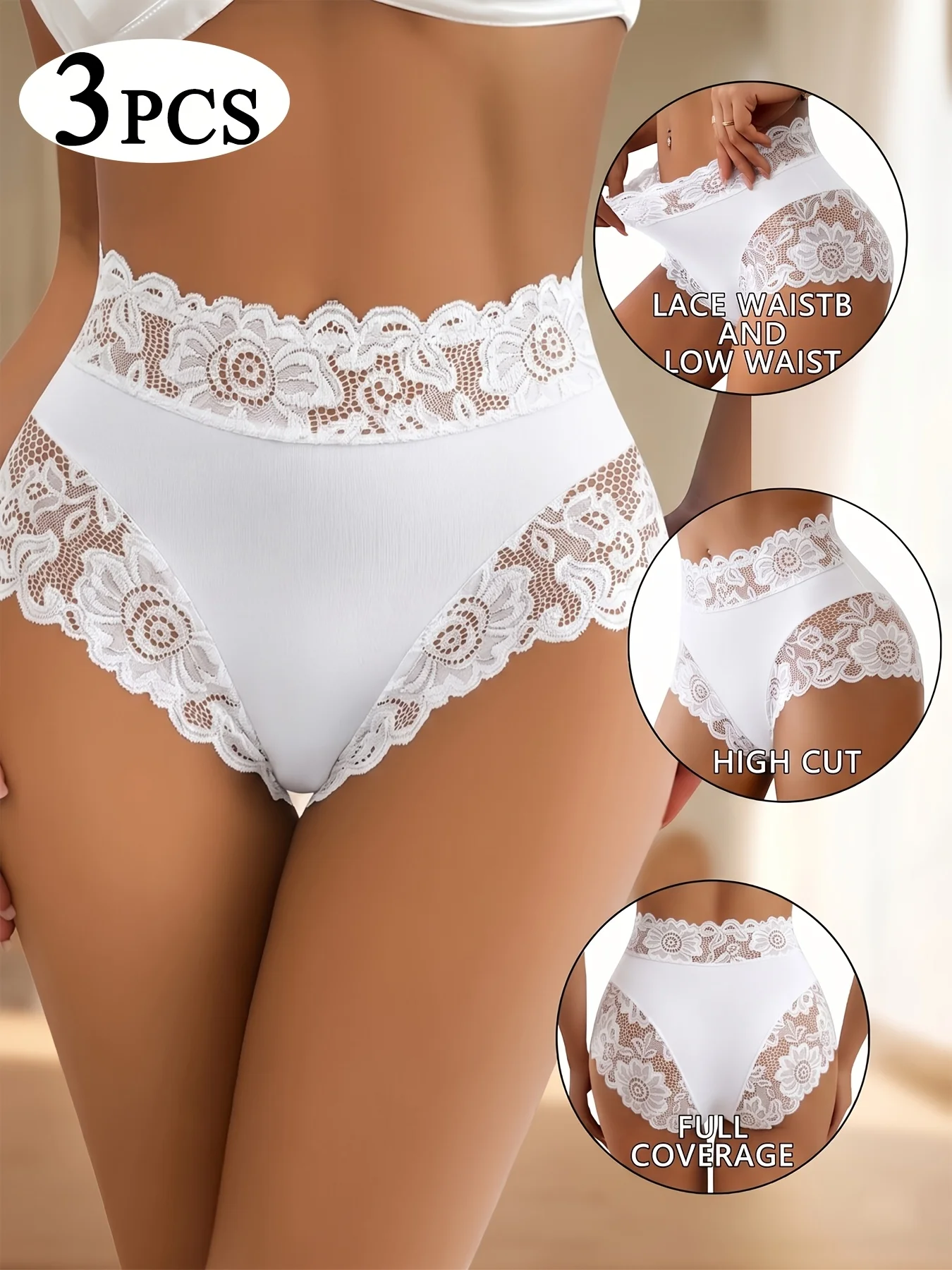 3er-Pack Damen-Höschen mit hoher Taille und elegantem, halbtransparentem Spitzenbesatz. – Detail 5