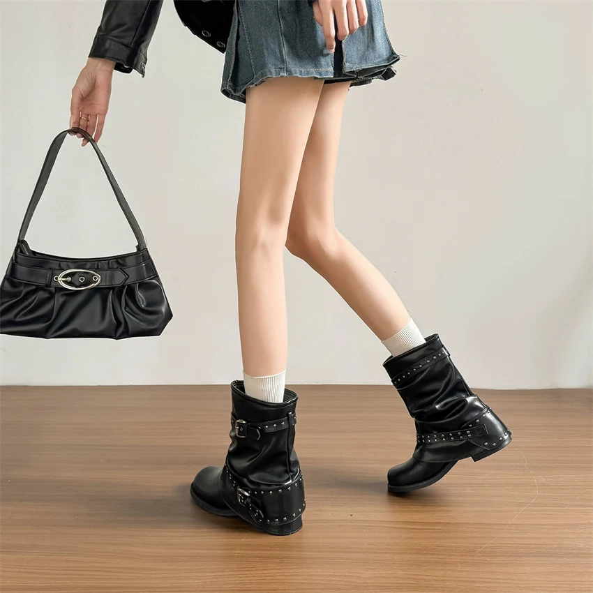 botas feminina botas mujer Ankle Boots Black Pleated Western Cowboy Short Boots for Women Spring Autumn Chunky Heel  Boots