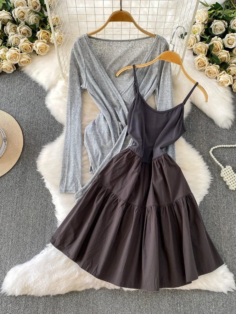 

Нишевый дизайн, солнцезащитное пальто неправильной формы на шнуровке с длинными рукавами + трикотажное платье-бретелька для похудения на талии