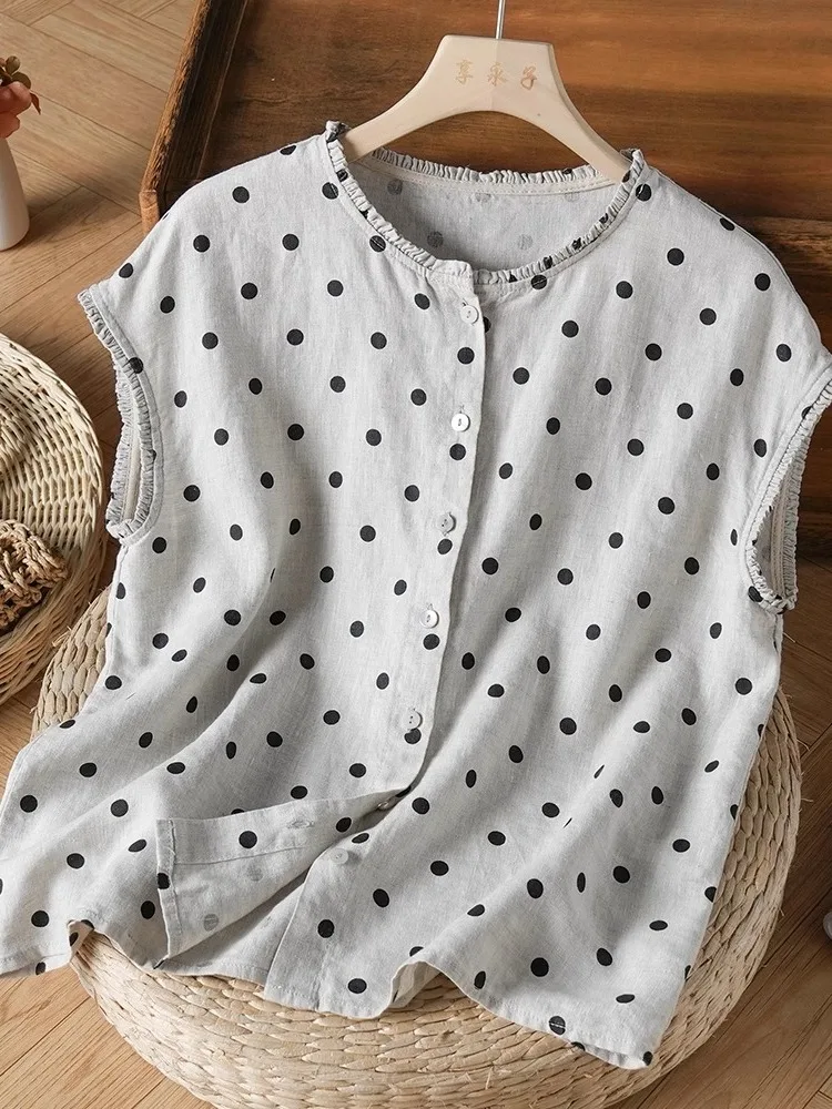 

Retro Polka Dot Cotton Linen Svel irt Women's Summer High End Personali Earlet Collar irt Linen oulder Vest Top