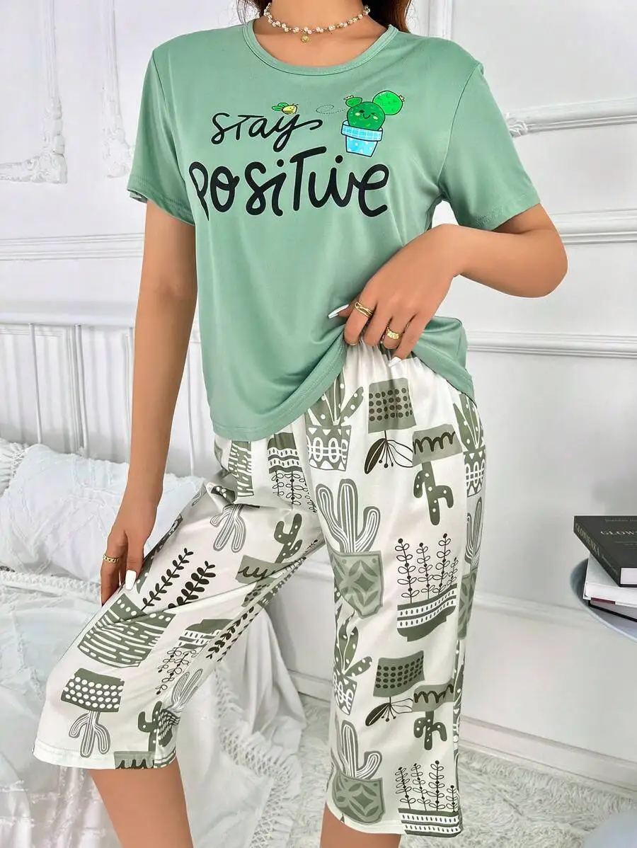 

Soft Short Sleeve Stay Positive Print Women Sleepwear Set Comfortable Home Pajamas