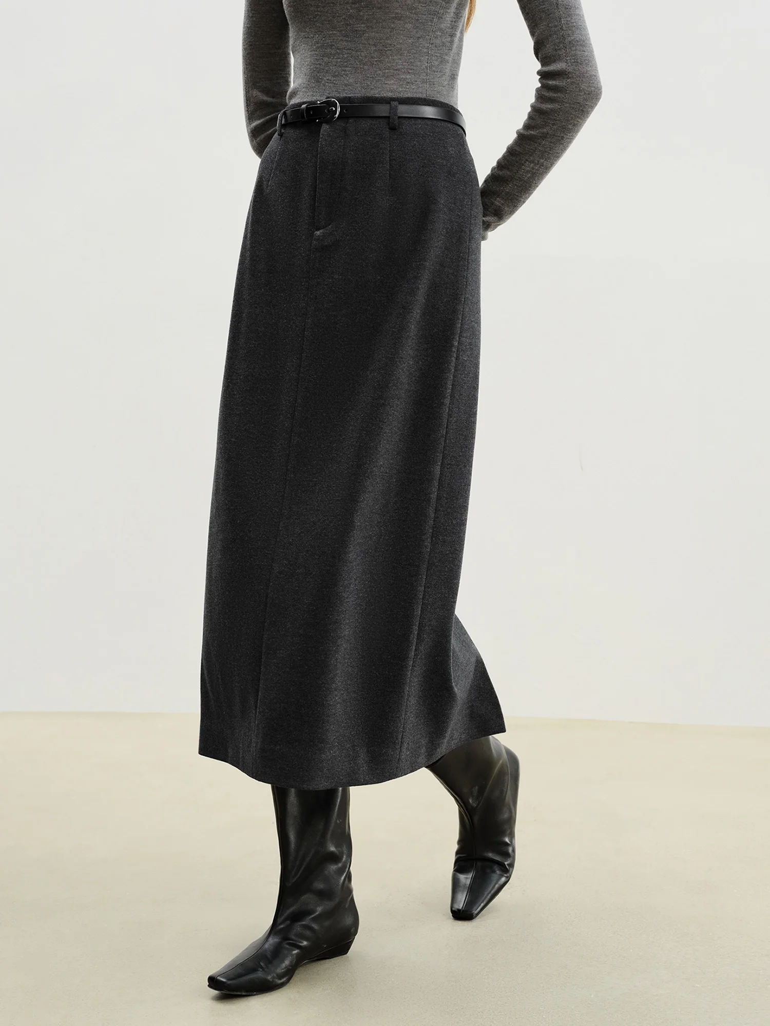 ZIQIAO 2025 Winter Women's High Waist Straight Knit Skirt with Side Slit - Mid-Length Black Stretch Pencil Skirt for Office