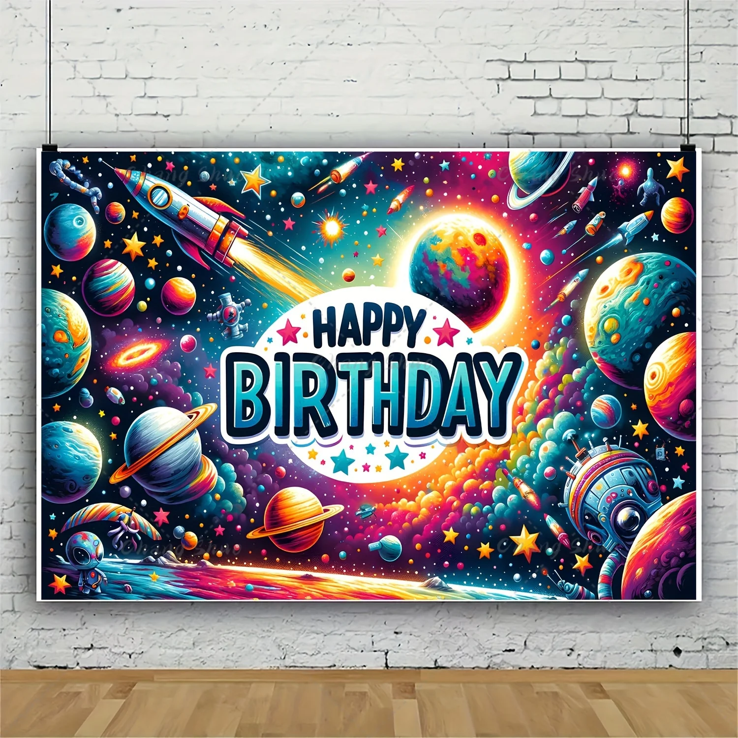 Outer Space Happy Birthday Backdrop Universe Planet Galaxy Spacecraft Astronaut Blast Off Rocket Baby Shower Photo Background