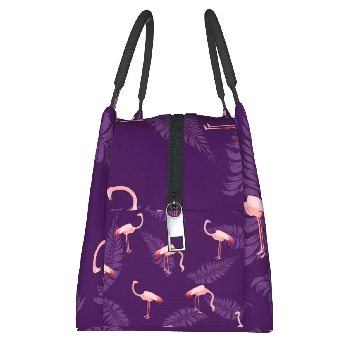Pink Flamingo & Leaf Print Lunch Tote Bag Portable Insulated Cooler Bag For Women School Picnic