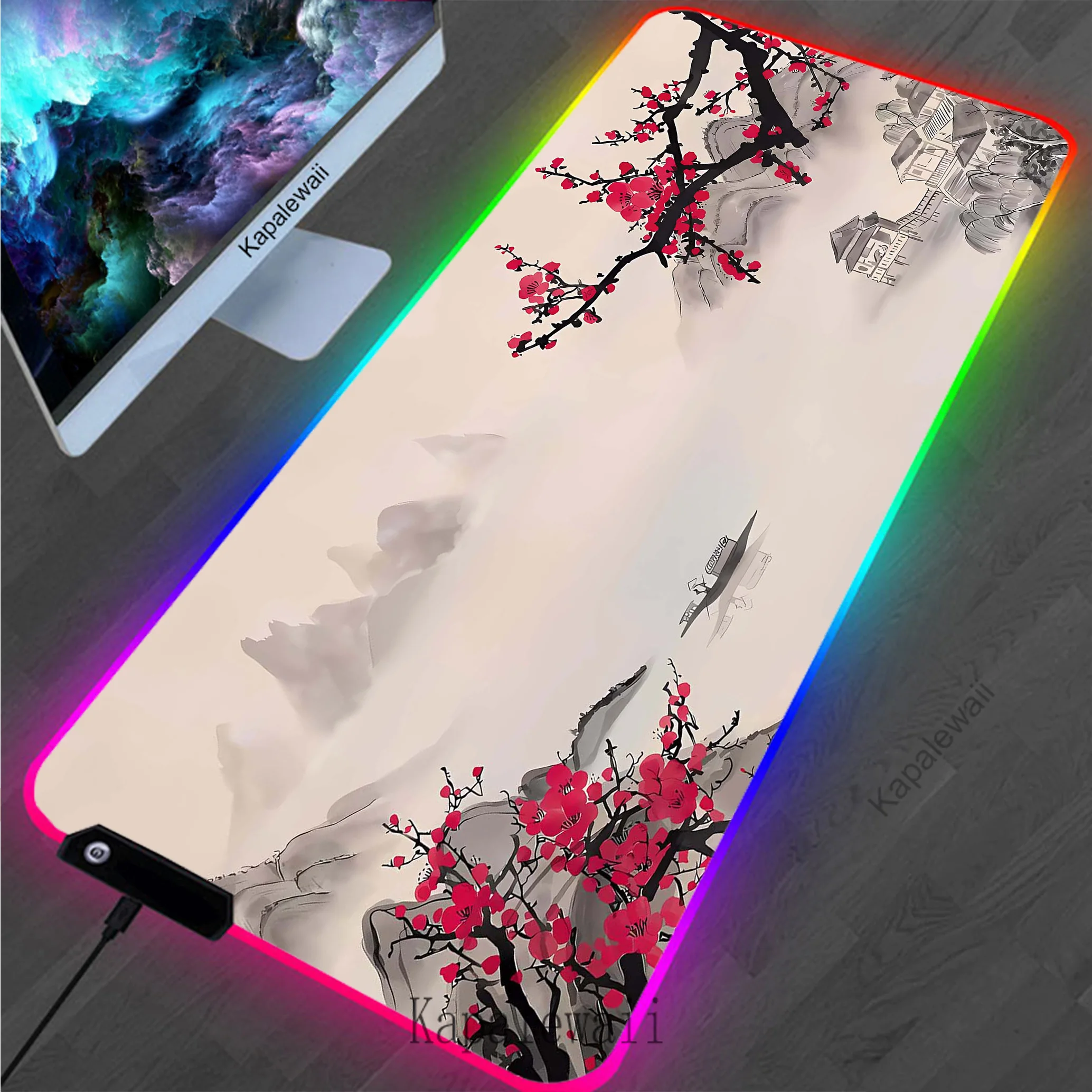 RGB LED Sakura Large Mouse Pad Locking Edge Gamer Mousepad Office Accessories For Desk Mat Non-slip Game Keyboard Pads 900x400mm