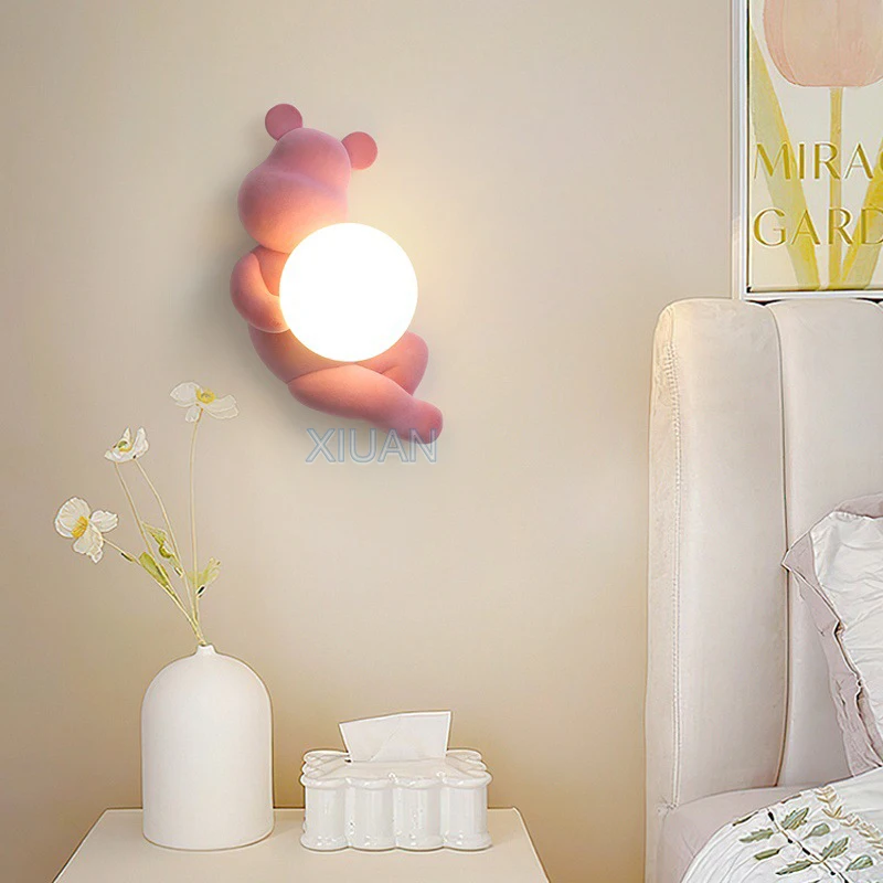 Chrome White Pink Bear Lights Art Design Bedroom Bedside Wall Lamps Resin Animal White Sconces Living Room Decorative Wall Light