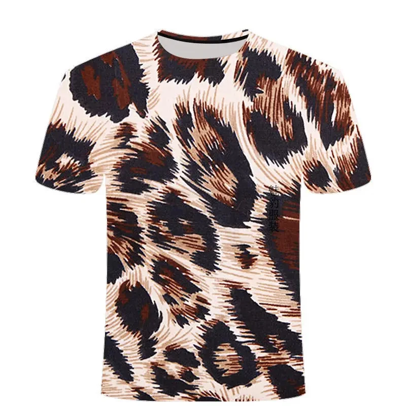 

Plus Size Leopard Print 3D Printing T-shirt Contrasting Stripes O-neck T Shirt for Men Women's Fashion Comfortable New Style Top