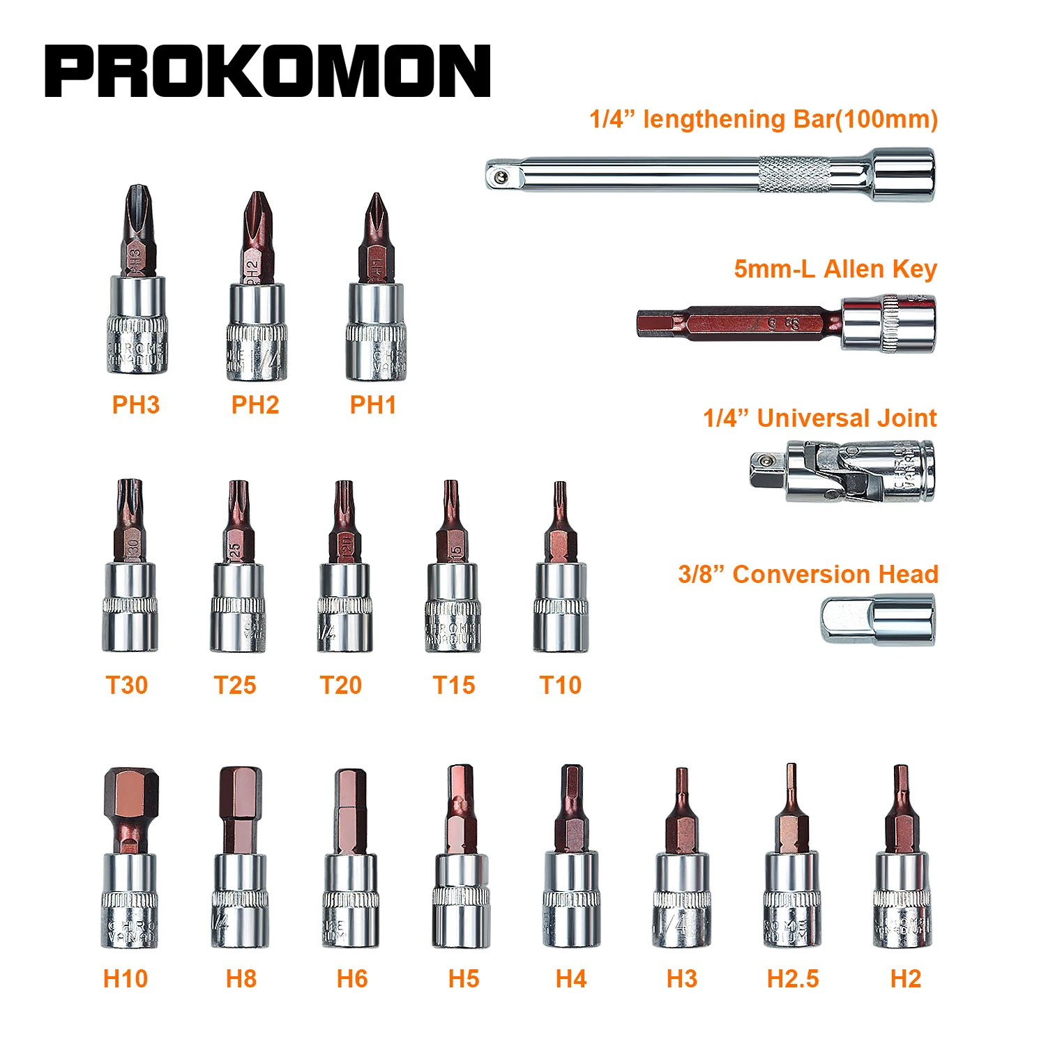 Prokomon Bike Torque Wrench 1/4\'\', 5-25Nm, 0.1Nm Micro, Drive Click Torque Wrench Set, Hex, Torx/Star Bit Sockets, Extension Bar