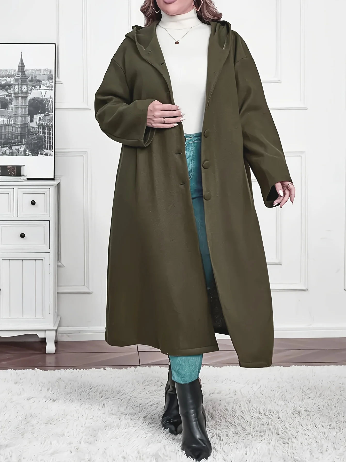 

Plus Size Casual Green Hooded Longline Coat with Button Accents