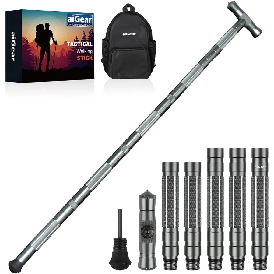 aiGear عصا تكتيكية للمشي لمسافات طويلة والمشي لموظفين أقطاب رحلات الموظفين التكتيكيين قابل للتعديل عصا التنزه والعتاد لمخيم البقاء في الهواء الطلق