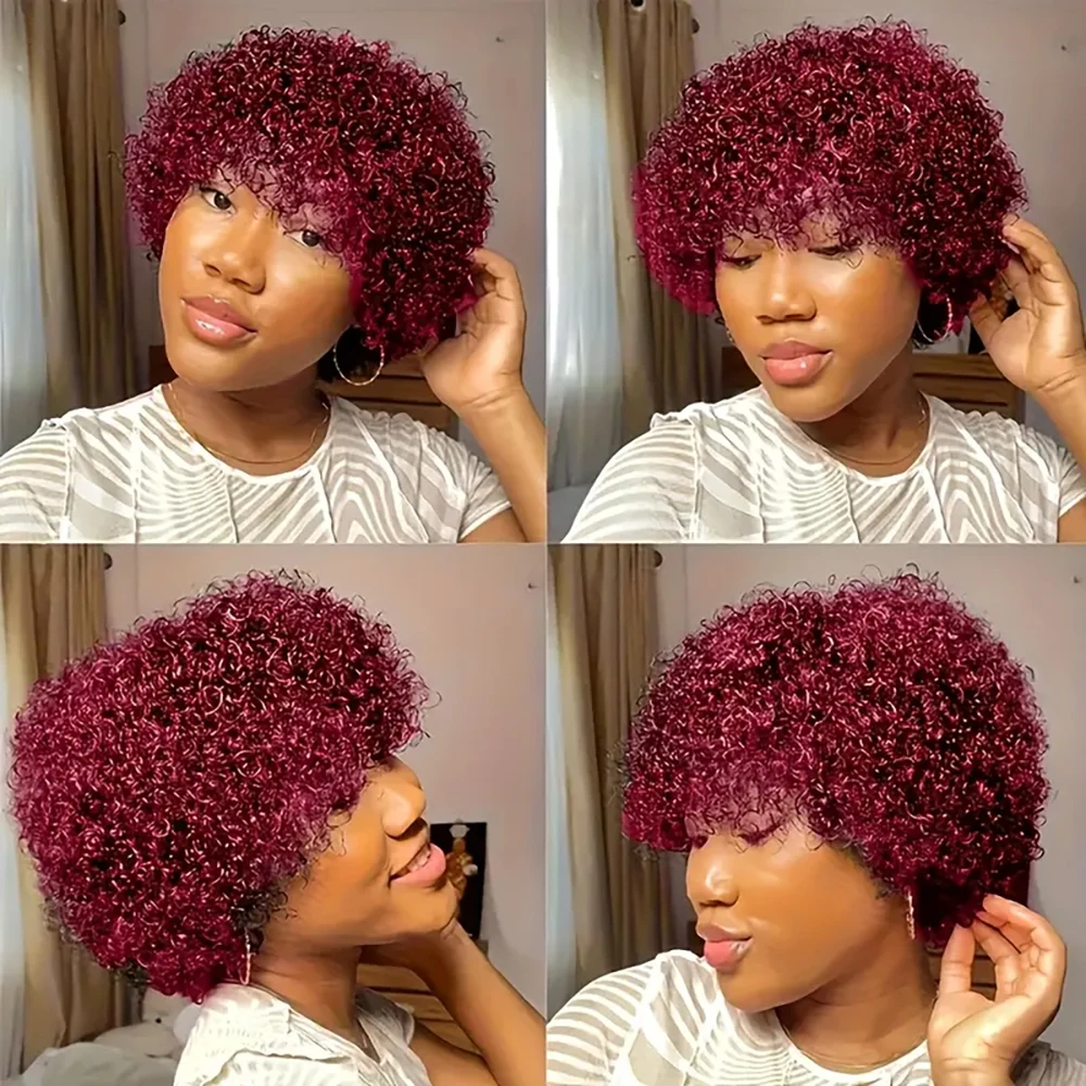 짧은 픽시컷 가발 브라질산 인모 가발 버건디 딥 웨이브 컬리 머신 메이드 스트레치 캡 흑인 여성용 딥 웨이브 컬리