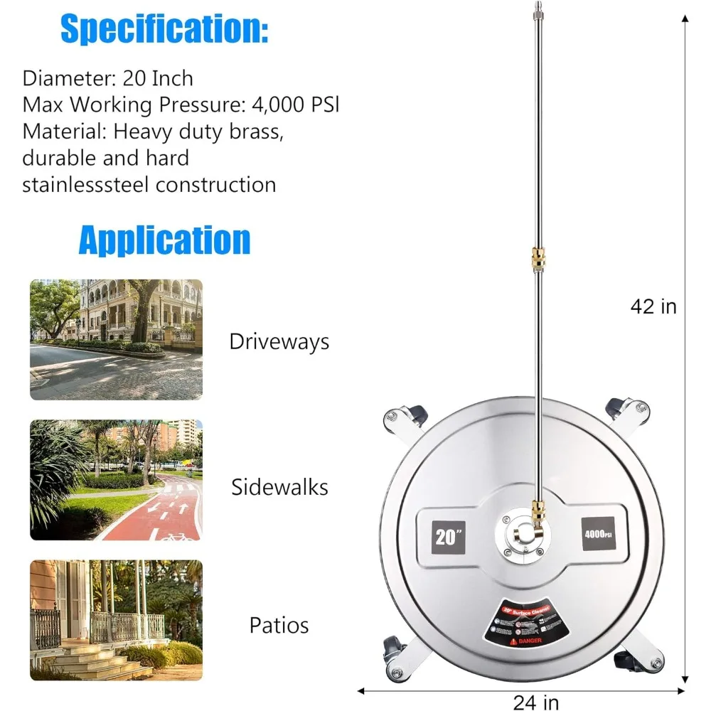 Limpiador de superficies para lavadora a presión de 20 PSI con cuatro ruedas, cuerpo de acero inoxidable y accesorio de conexión rápida de 1/4 de pulgada