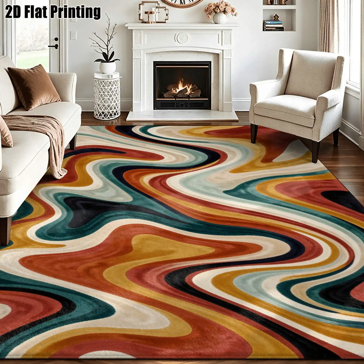 1Pc 2D Printed Retro Fluid Texture Carpet, Modern Minimalist Instagram Vintage Decor Rug, Multi-Size Machine Washable, for Entrance/Dining/Bedroom/Living Room Etc