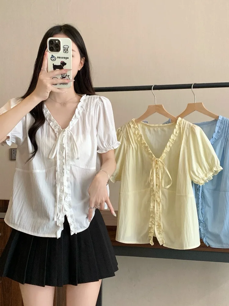 

Ele Bubble Sve irt Women's plus Size Flattering ort Sve Casual Sle V-Ne Button-Up Breathable Skin-Friendly