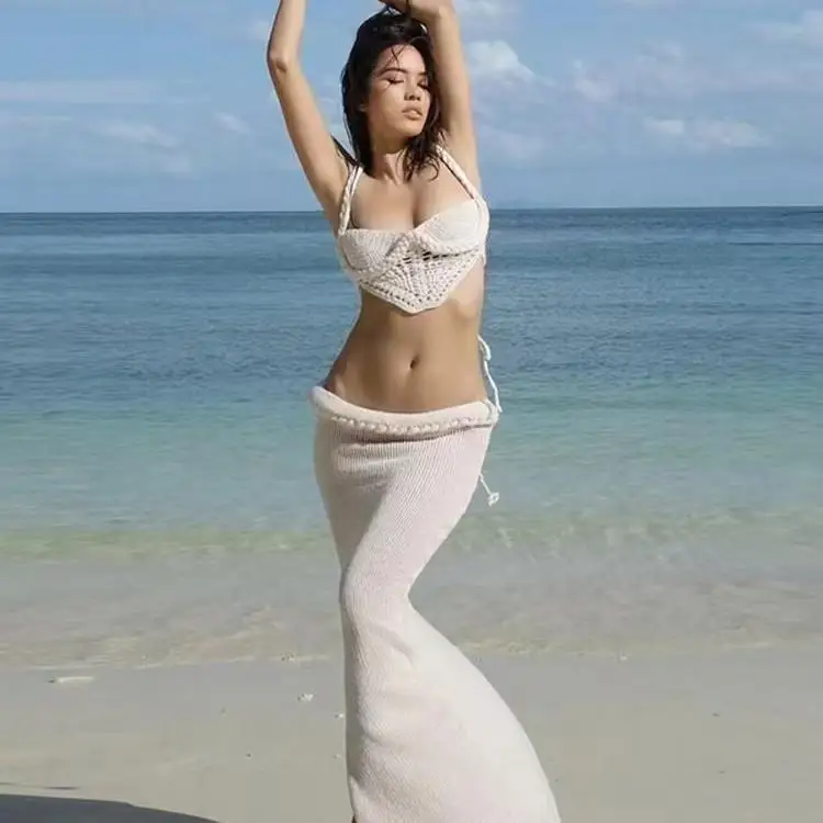 Faionable Hollow out Split Skirt Set Sexy Two-Piece Suit Vaion Sle ort Sve round Ne Long Pants for Young Women