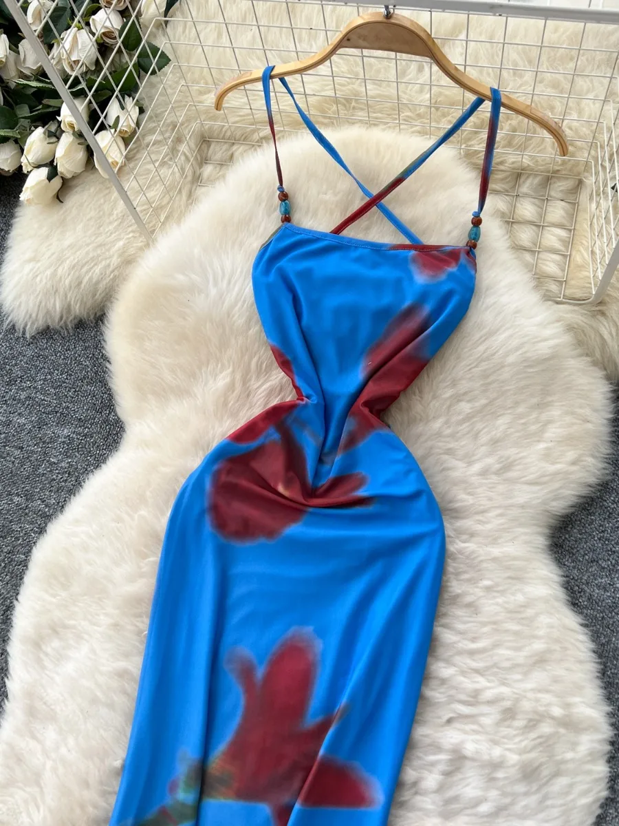 Foamlina عطلة الزي عارية الذراعين فستان بكتافة 2025 صيف جديد فرنسي مثير سليم صالح الرسن طباعة شبكة فساتين عطلة طويلة