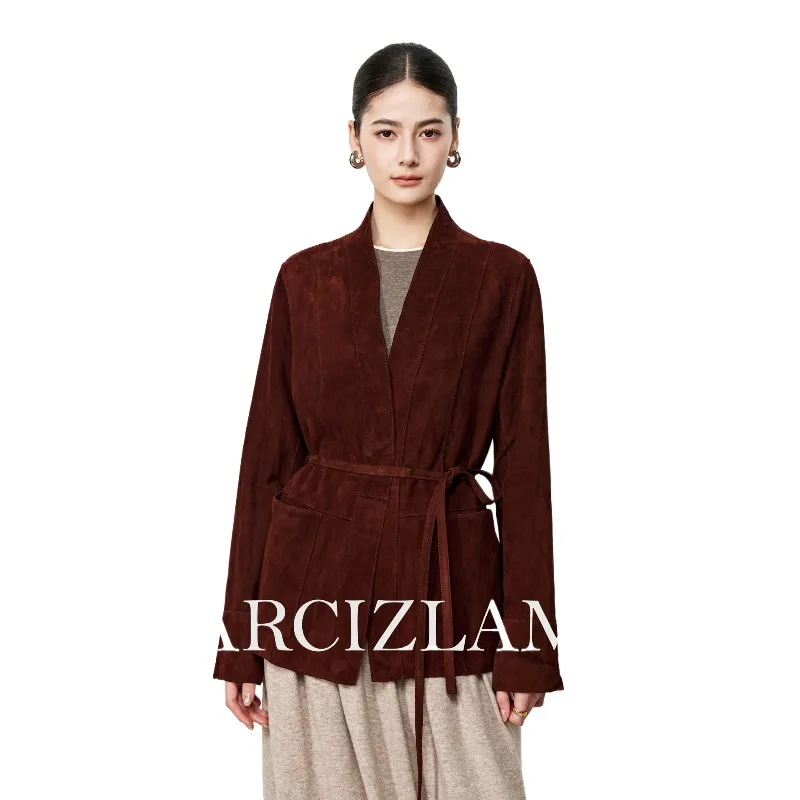 TAJIYANE Genuine Leather Jacket Woman High Quality Goatskin Suede Leather Coat V-neck Jackets for Woman Mid Length Outerwear 자켓