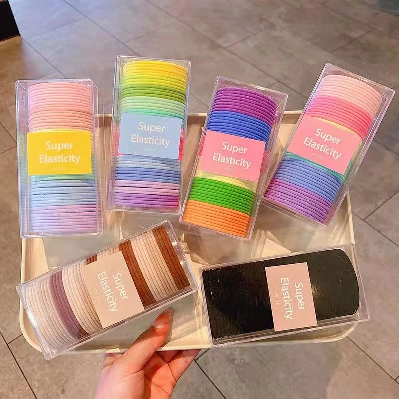 

48pcs/box Simple boxed rainbow Rubber band Macaron color head rope temperament hair rope hair ornaments high elastic durable