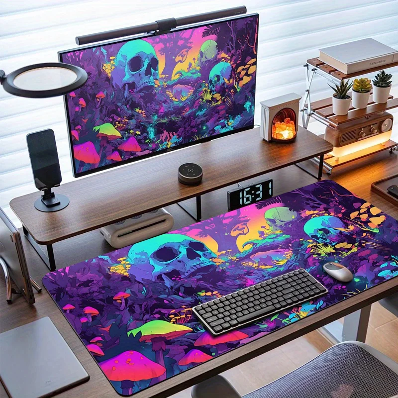 Neon Skull Mushroom Forest Mauspad, Schreibtischunterlage, Gaming-Matte aus hochwertigem Material, Basis aus Naturkautschuk, geeignet für Büro und Spiel