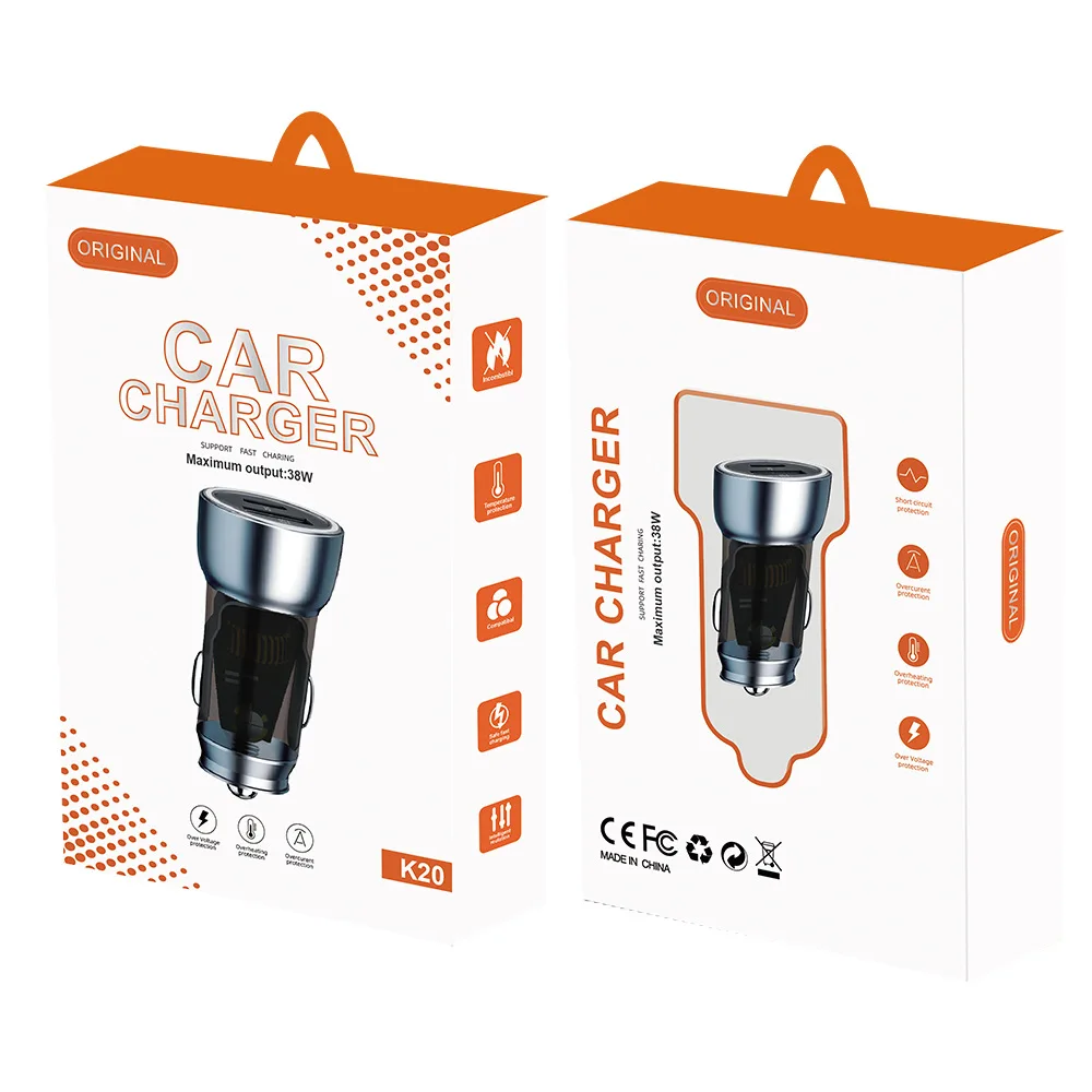 K20 Mini Dual Port USB Type-C Car Cigarette Lighter Fast Charging Car Charger 3.1A Metal Case Car Mobile Phone Charger