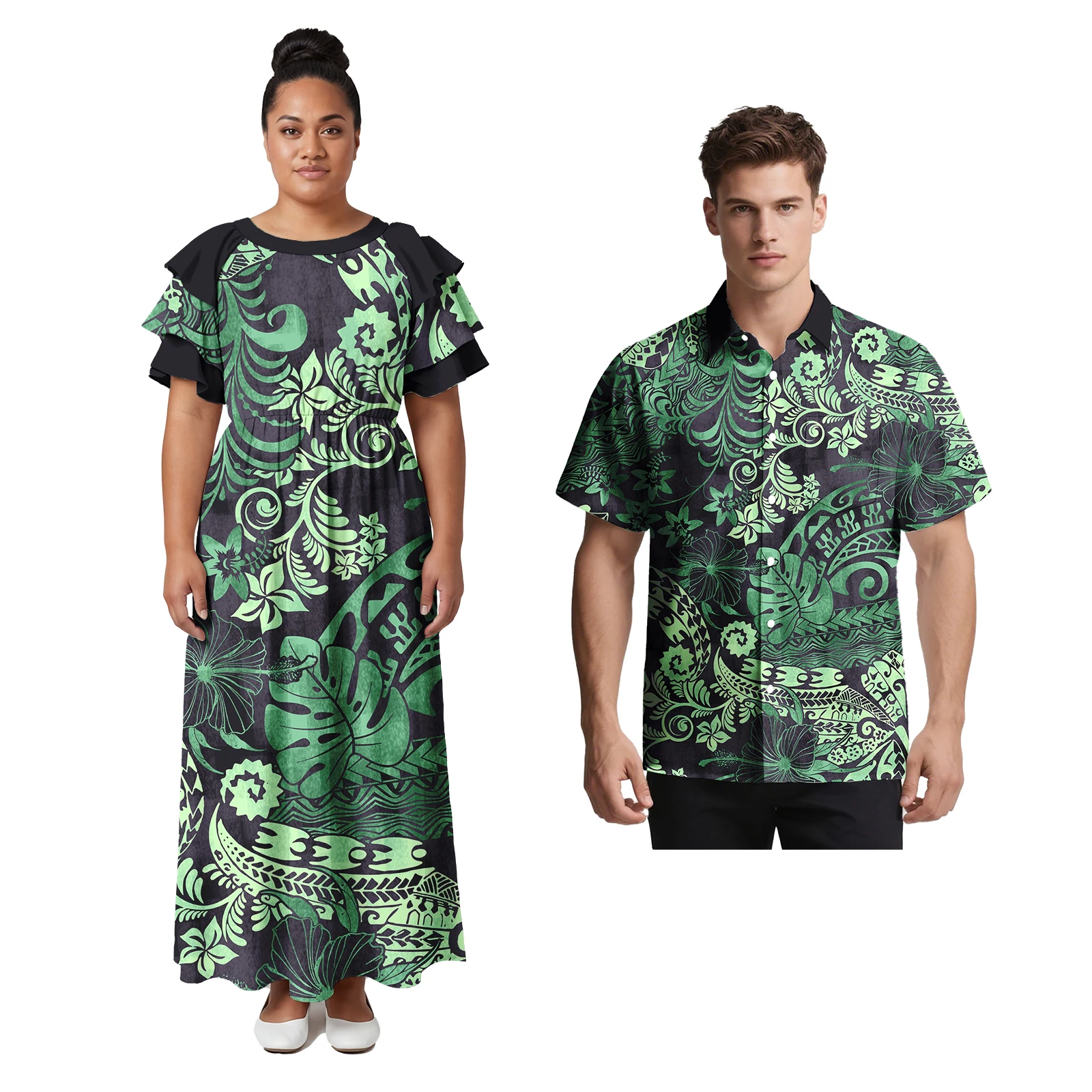 

New Arrivals Custom Couple Suit Samoan Men Pocket Shirts Polynesian Tribal Women Petal Sleeve Dress Hawaiian Island Couple Set