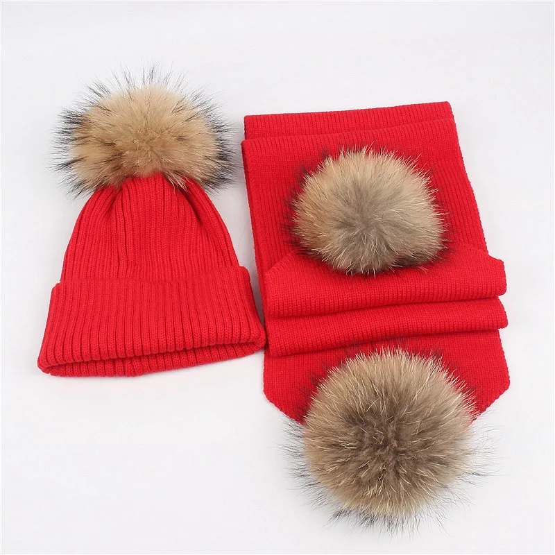 inverno-bambini-vera-pelliccia-di-procione-pompon-cappello-sciarpa-set-per-baby-boy-girl-berretto-lavorato-a-maglia-spessa-bambino-skullies-berretti