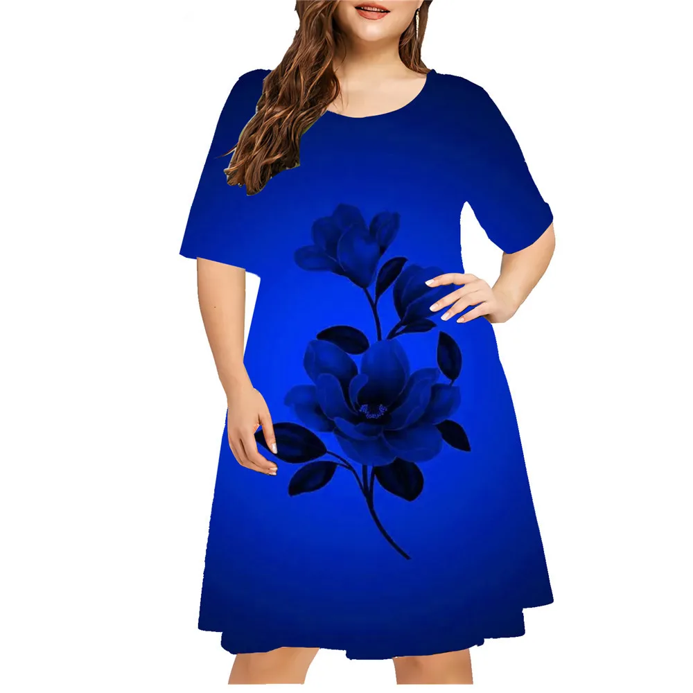 Women's Summer Dresses Large Size Flower 3D Printed Short Sleeve Dress Casual Gradient Pullover Ladies Plus Size Clothes 5XL 6XL