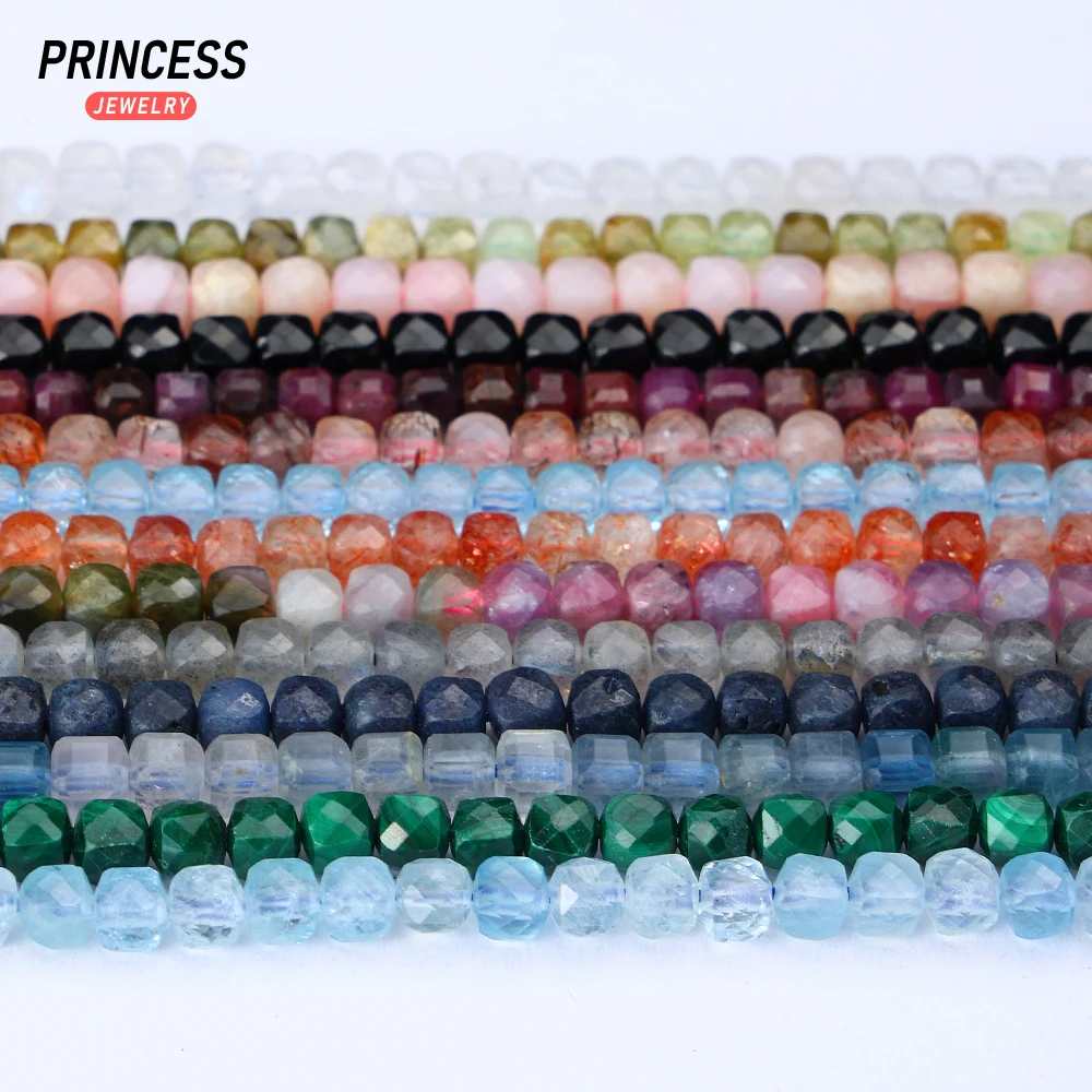 4mm Natural Cube Faceted Beads Square Beads for DIY Jewelry Making Bracelets Necklaces Malachite Garnet Sapphire Fluorite