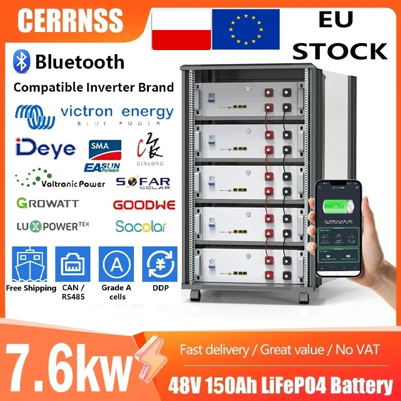 LiFePO4 Battery 48V 100AH 150AH 200AH 51.2V 7.6KW Lithium Battery 6000+ Cycles With Bluetooth BMS For Solar Inverter EU STOCK