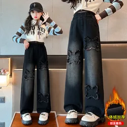 New Winter Kids Girl Thermal Jeans Pants with Butterfly Children Girls Black Grey Color Thick Warm Jeans Trousers For Teenagers