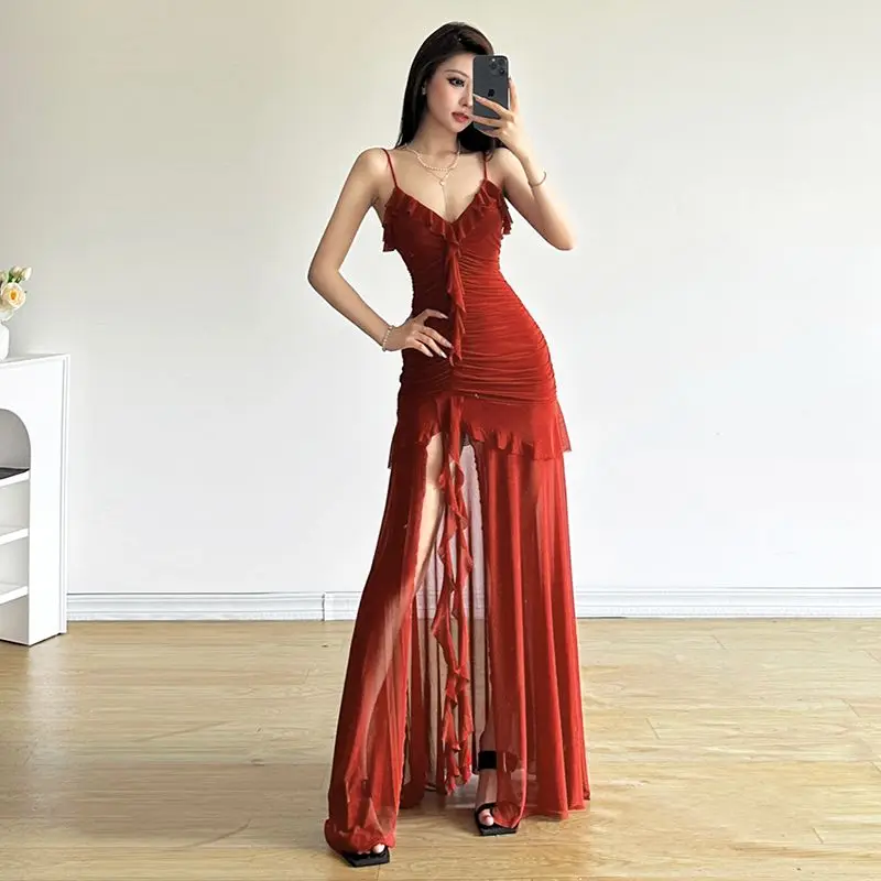 

Lace-up V-neck Ruffle Dress for Women, Brick Red, Fashionable and Sexy, with Mesh and Slit Long Skirt for Summer