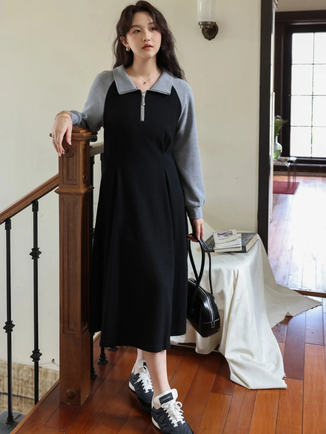 Women's plus Size Patchwork Waist-Cinching Sweatshirt Dress Casual Style A-Line Skirt Long Sleeve  Collar Slim Fit Dress