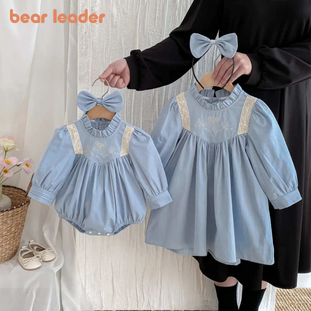 

Bear Leader Autumn Korean Style 100% Cotton Baby Jumpsuit Blue Girls Dresses Sweet Lace Plain Children's Clothing Sisters Dress