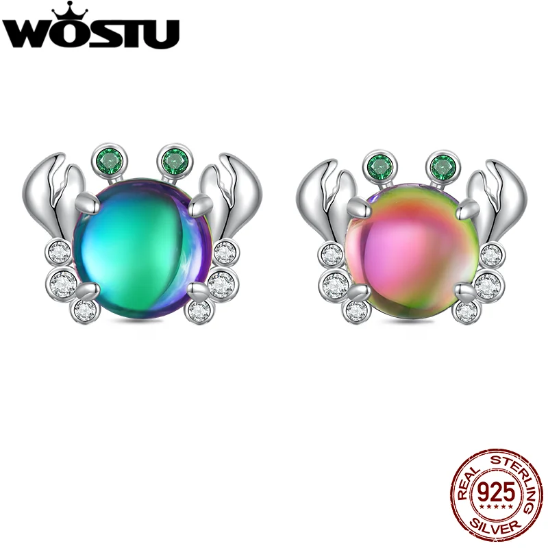 WOSTU 925 Sterling Silver Orginal Blue Pink Crab Charms Bead Crystal Pendant For Women Fit DIY Bracelet Necklace Jewelry Making