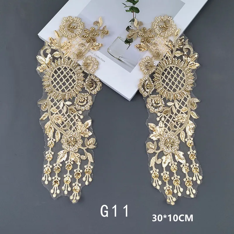 Perlenstickerei, modischer Cheongsam, hellgoldener Applikations-Aufnäher, handgenähte Spitze, Spiegelblumen, Hochzeitskleid, 1 Paar, 2 Stück – Detail 13