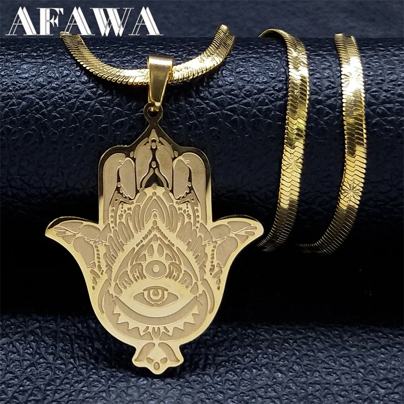 Hamsa Hand Stainless Steel Necklace Gold Color Amulet Hand of Fatima Necklaces Islamic Religious Arabic Jewelry mano de fatima