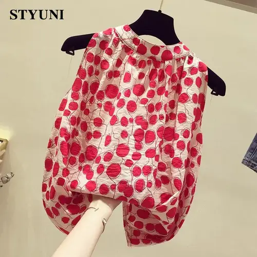 Blusa sin mangas con estampado de lunares rojos para mujer, camisa holgada con cuello levantado, moda coreana, Tops de verano 2023