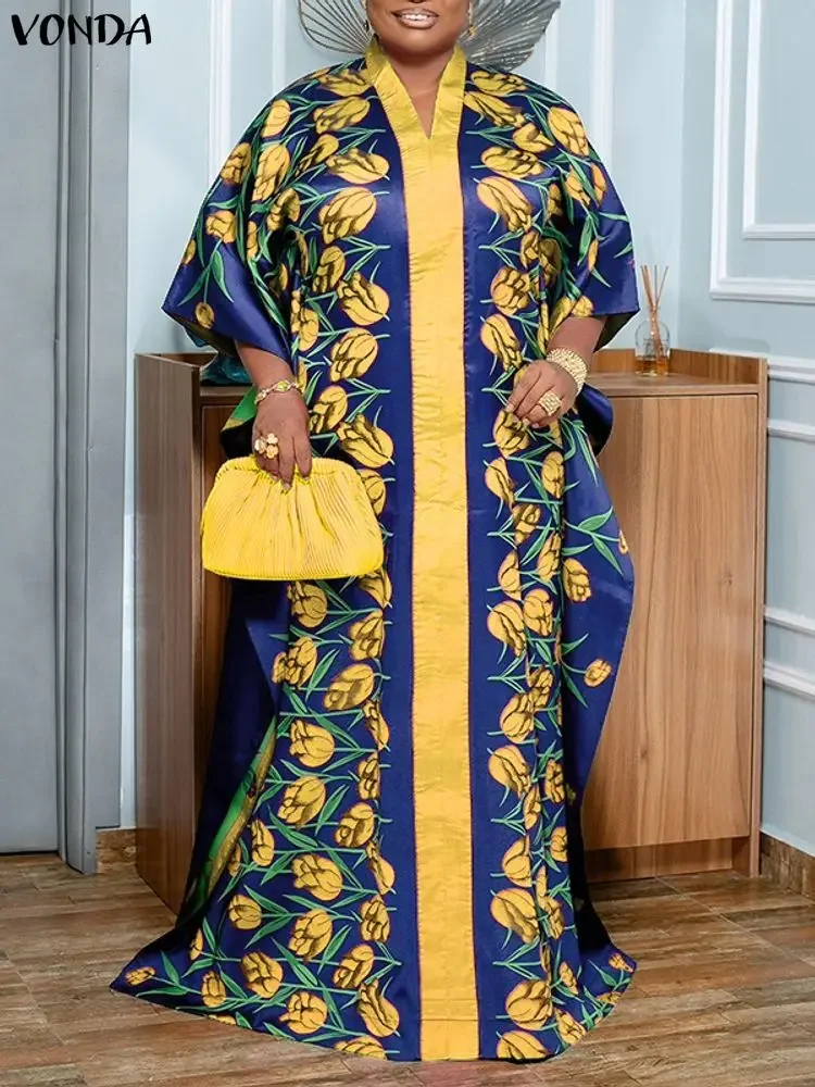 

VONDA Осенние богемные платья макси женские с рукавом 3/4 повседневные вечерние с цветочным принтом вечеринка Verstidos атласный длинный халат с v-образным вырезом плюс размер 5XL