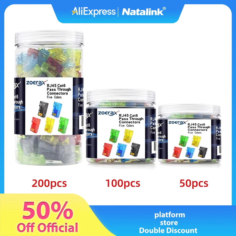 Natalink 50/100/200pcs RJ45 Cat6 Pass Through Connector RJ45 Modular Plugs for CAT6 CAT5E Solid or Stranded FTP/UTP Cable