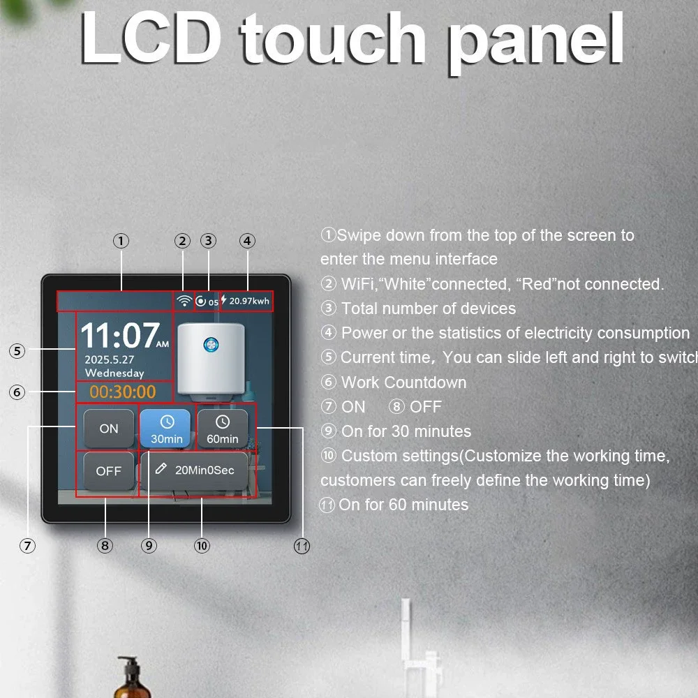 

Tuya 4-Inch 6-In-1 Intelligent Screen Display Switch European/American Standard Zigbee/Wifi 20a High-Power Water Heater Switch