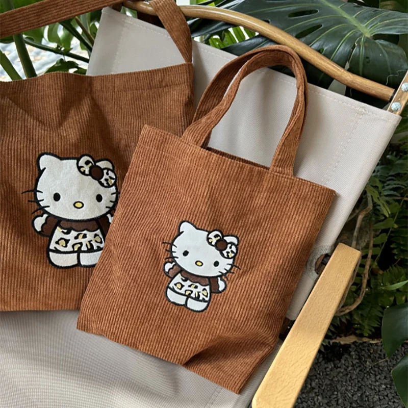 Hello Kitty Crossbody Bag for Women\'s Maillard Corduroy Casual Cute Handbag Y2k Cartoon Retro Large Capacity Shoulder Bag