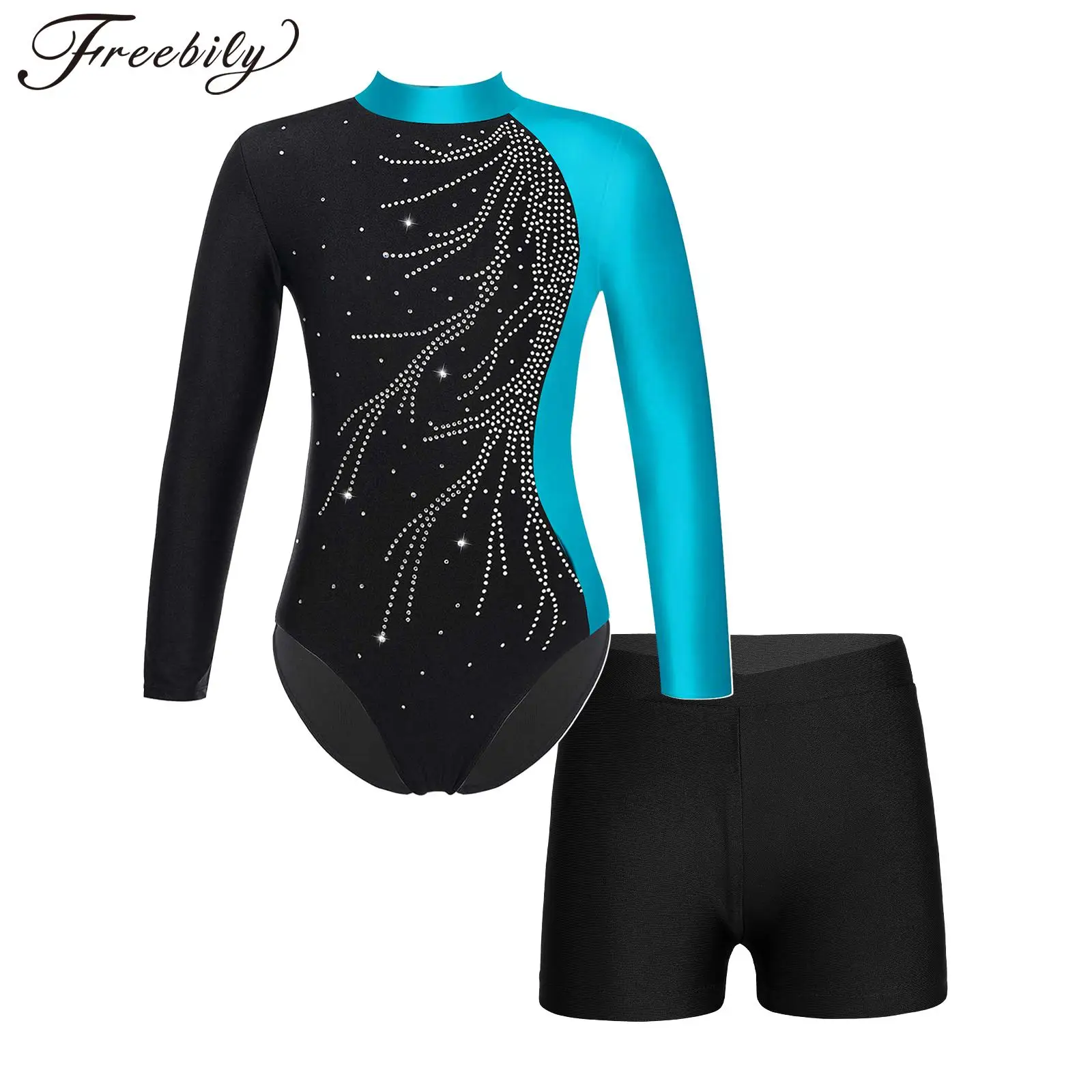 

Детский купальник с длинными рукавами и блестящими бриллиантами для девочек, балетный танцевальный купальник с шортами, гимнастическое катание на коньках, акробатика, сценическая танцевальная одежда
