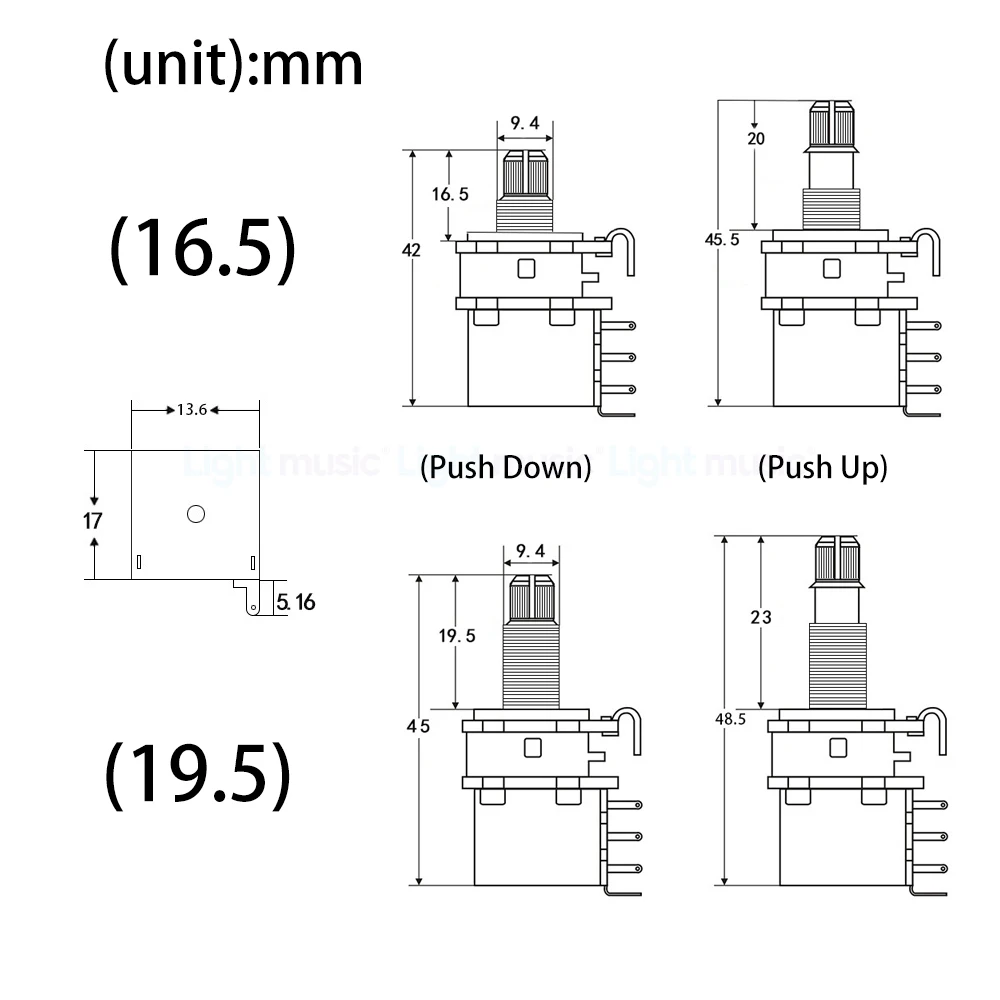 1pcs Guitar Potentiometer Push Push Potentiometer A250K / B250K / A500K / B500K Copper Short and Long Split Shaft