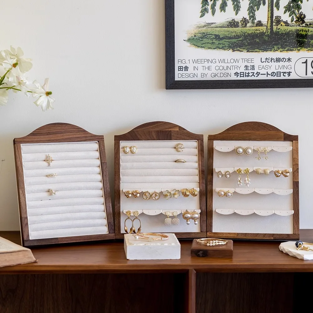 

Walnut Wood Jewelry Display Stand Velvet Ring Earring Holder Organizer Box Tray for Counter Showcase Live Stream Accessories