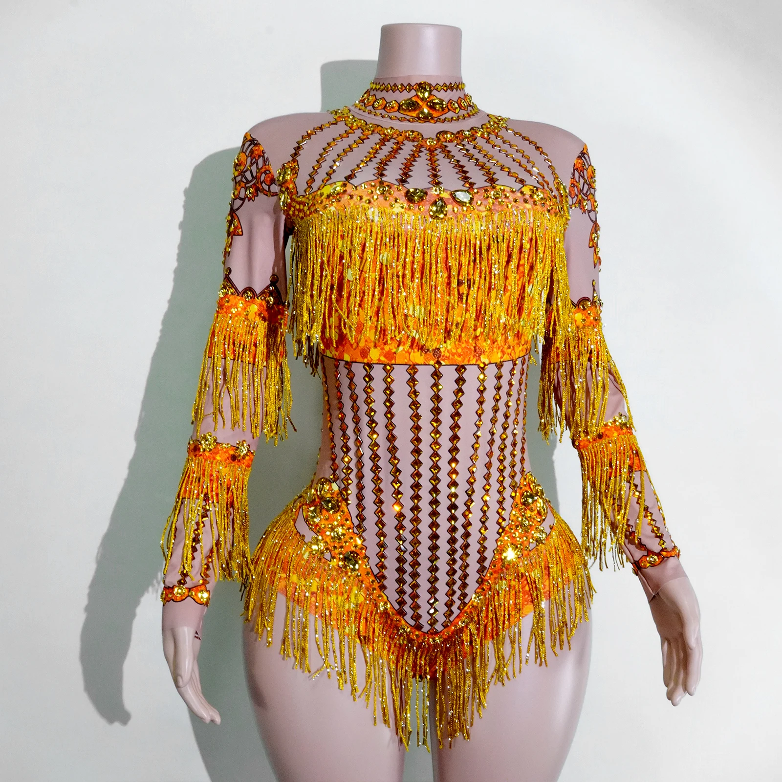 

New Sexy Longsleeved Highneck Golden Tassel Rhinestone Tight Stage Performance Jumpsuit Party Festival Celebration Dance Outfit