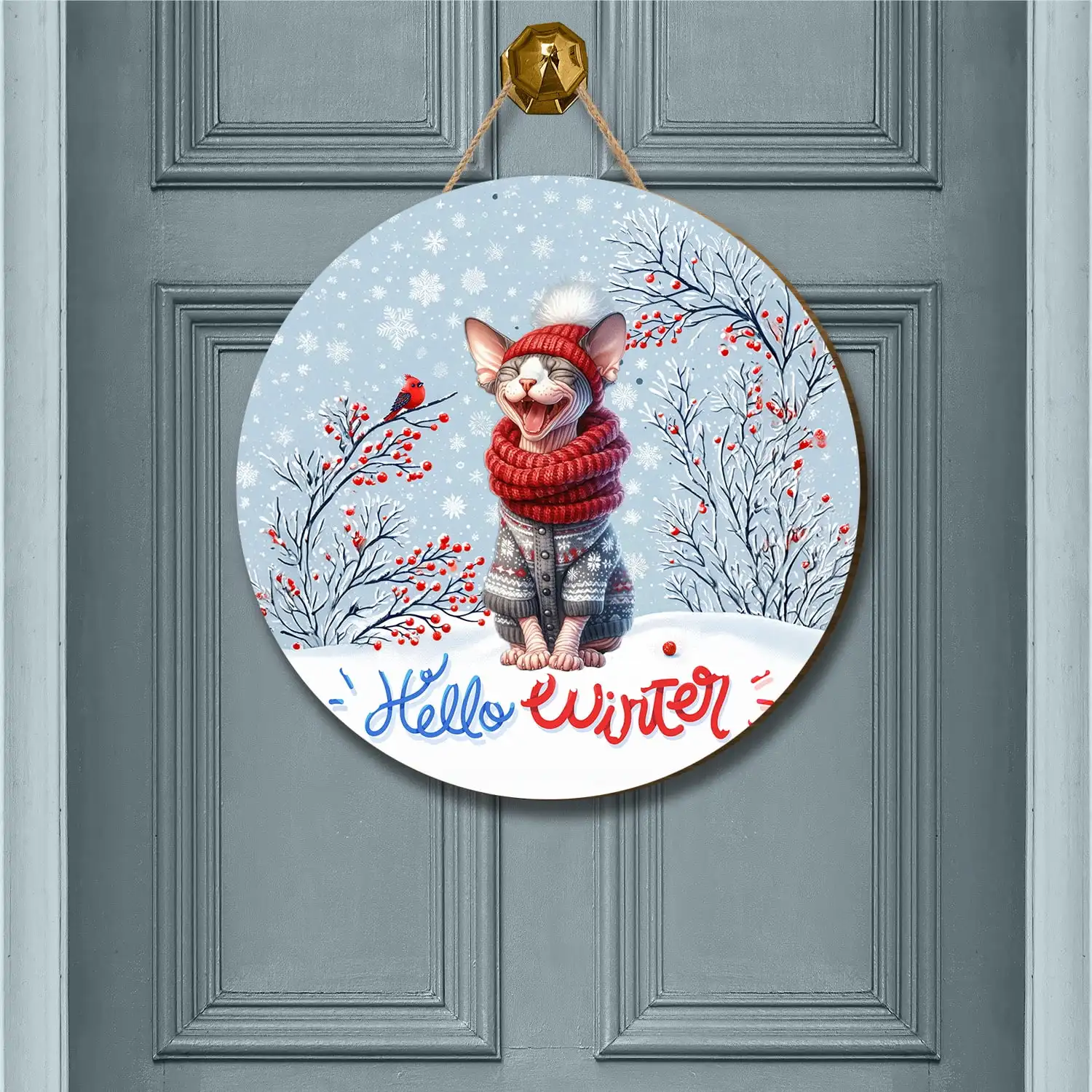 Hello Winter Sphynx Smiling in Red Scarf Hat Welcome Christmas Round Wood Sign Cat Lover Kitten Owner Gifts Idea Hanging