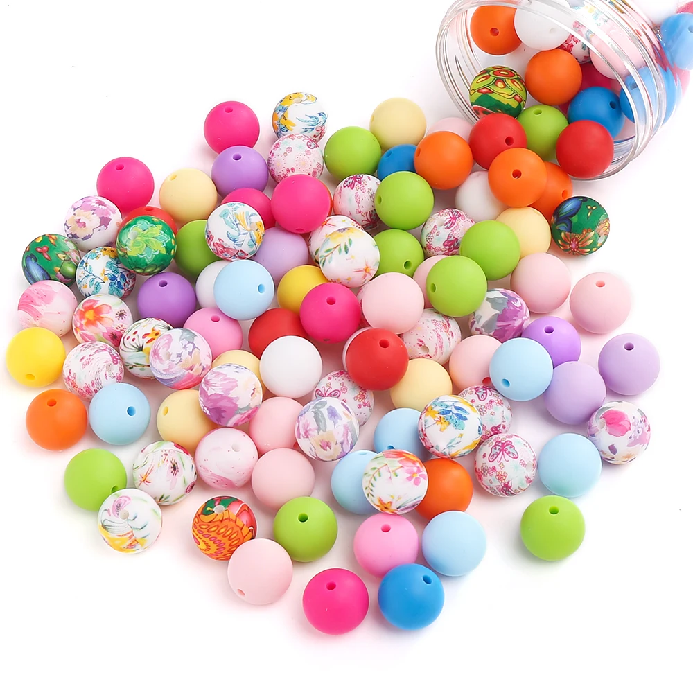 15mm 140Pcs Teether Silicone Beads Print Round Teething Beads For Baby Pacifier Chain Dummy Holder Clip DIY Necklace